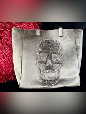 Embellished Crystal Skull Tote in Metallic Silver